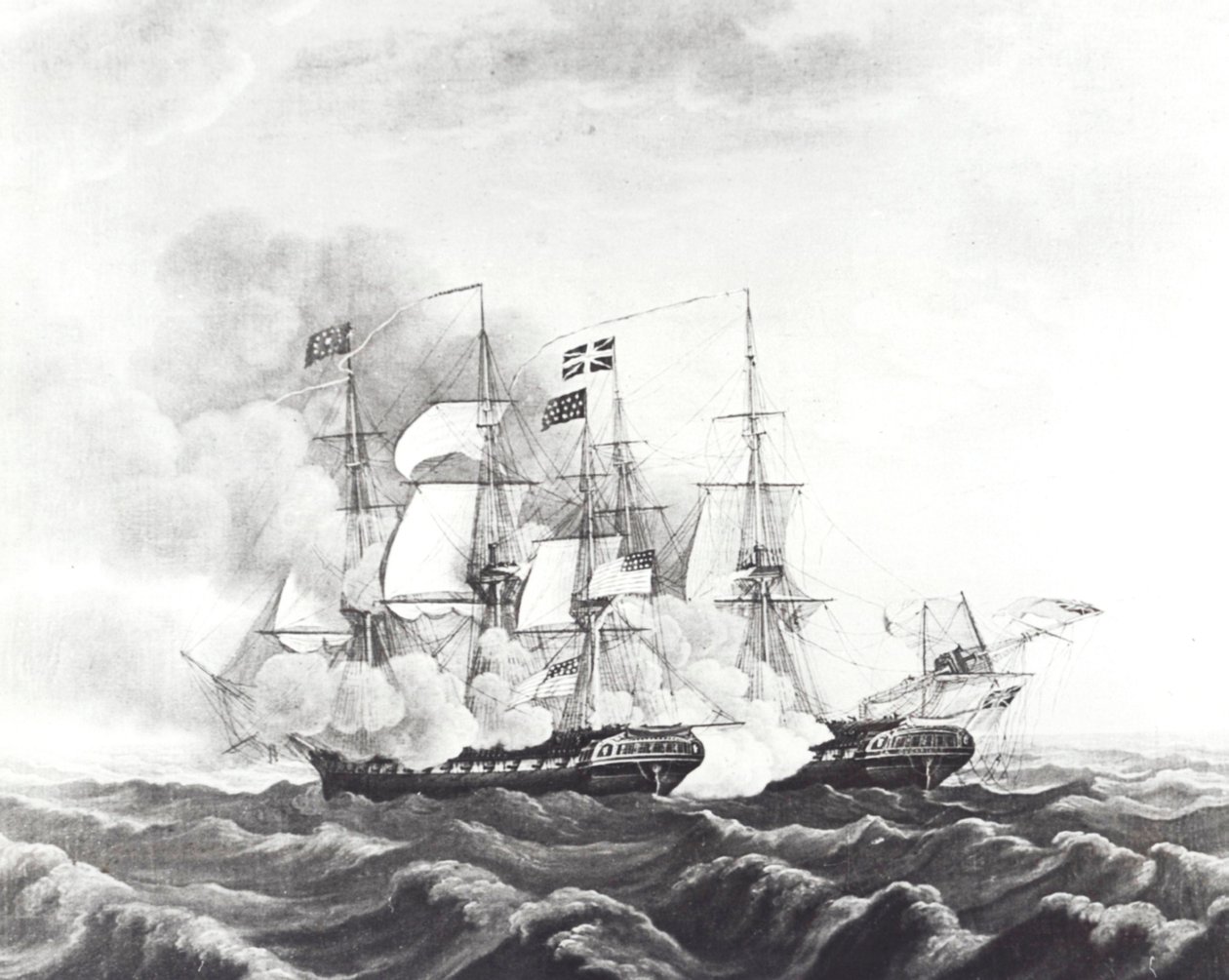 USS Constitution ja HMS Guerriere (litografia) tekijältä John Ward Dunsmore