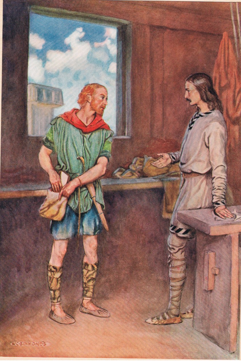 Merimies antaa Horatiolle kirjeen Hamletilta, William Shakespearen "Hamletista", Hodder und Stoughtonin vuonna 1915 julkaisema painos tekijältä W. G. Simmonds