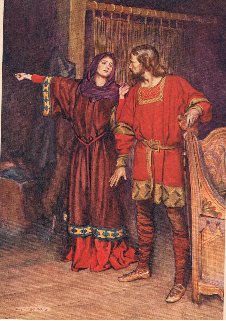 Gertrude paljastaa, että Hamlet on tappanut Poloniuksen, William Shakespearen Hamletista, Hodder und Stoughtonin vuonna 1915 julkaisemasta painoksesta. tekijältä W. G. Simmonds