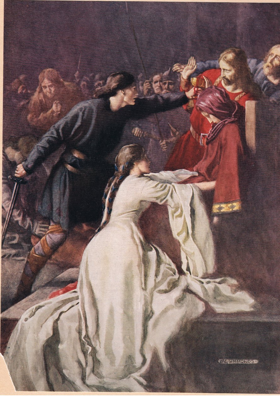 Hamlet pakottaa kuninkaan juomaan myrkkyä William Shakespearen Hamletista, Hodder und Stoughtonin vuonna 1915 julkaisemasta painoksesta. tekijältä W. G. Simmonds