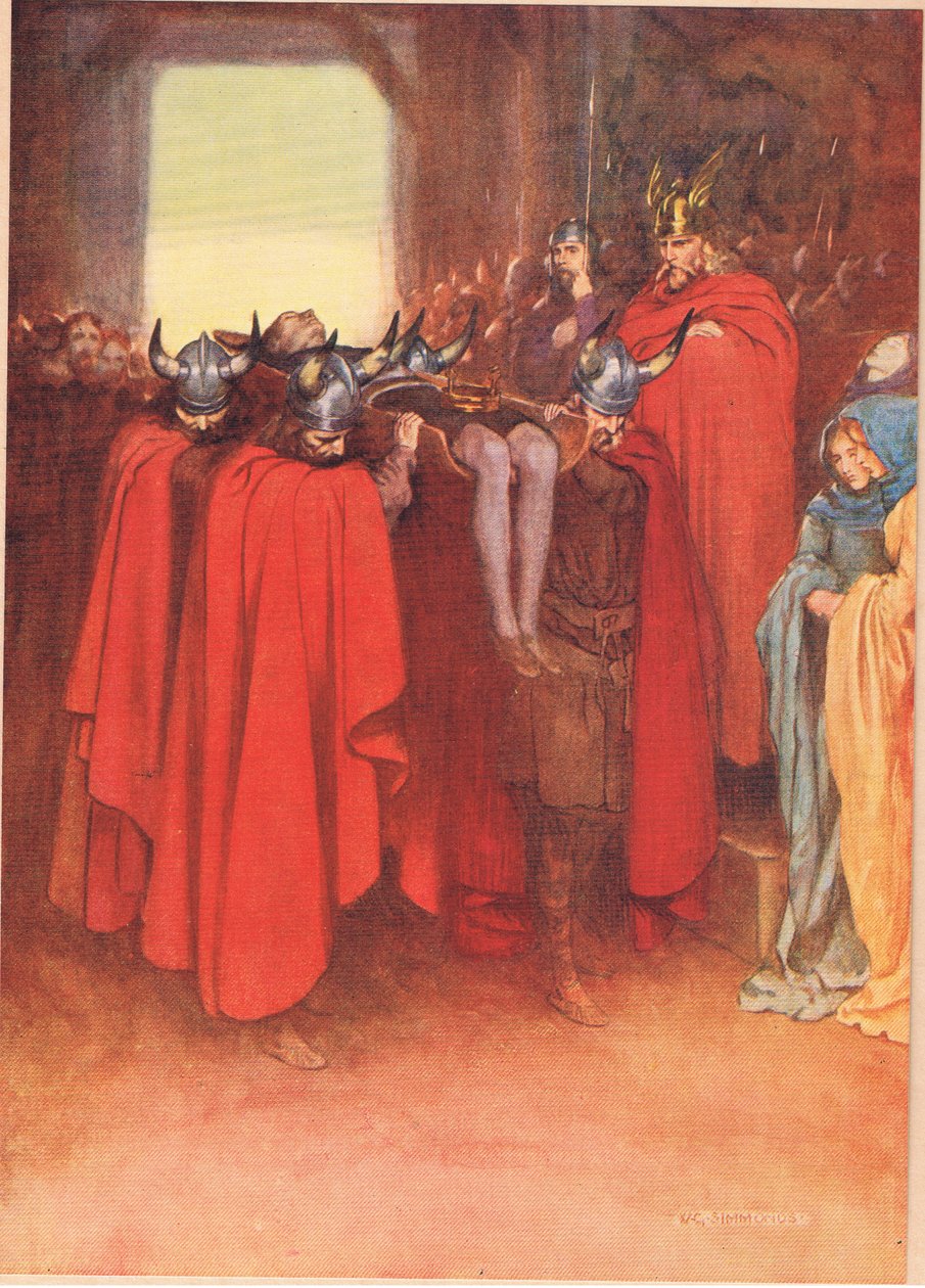 Horatio käskee miehiä kantamaan Hamletia kuin sotilasta, William Shakespearen Hamletista, Hodder und Stoughtonin vuonna 1915 julkaisemasta painoksesta. tekijältä W. G. Simmonds