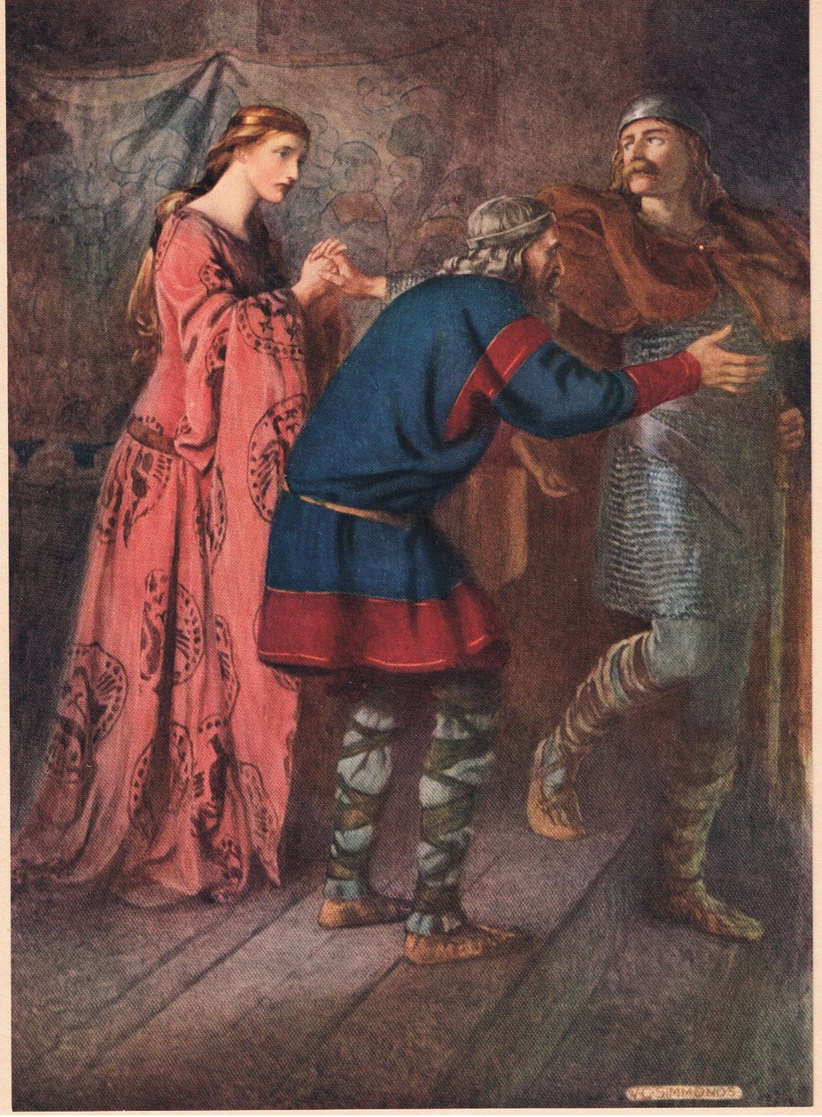 Laertes jättää jäähyväiset sisarelleen Ofelialle, William Shakespearen teoksesta "Hamlet", Hodder und Stoughtonin vuonna 1915 julkaisema painos. tekijältä W. G. Simmonds