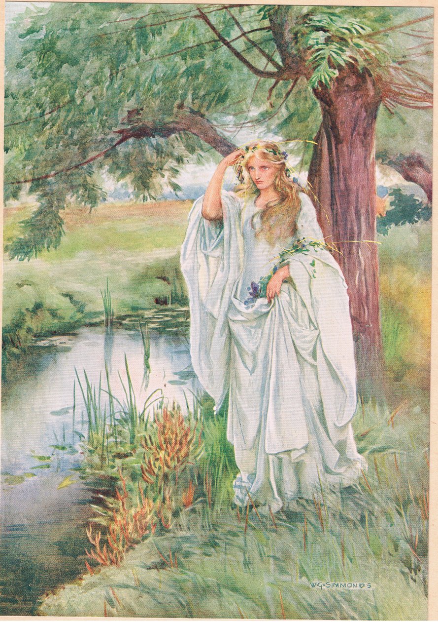 Ophelia, William Shakespearen teoksesta "Hamlet", Hodder und Stoughtonin vuonna 1915 julkaisema painos. tekijältä W. G. Simmonds