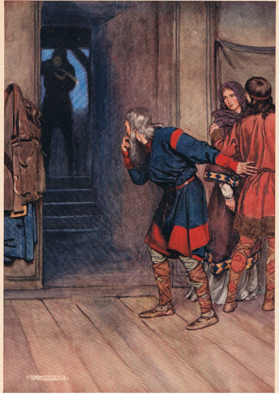 Polonius testaa Hamletin järkeä, kun kuningas ja kuningatar tarkkailevat William Shakespearen "Hamletista" Hodder und Stoughtonin vuonna 1915 julkaisemaa painosta. tekijältä W. G. Simmonds