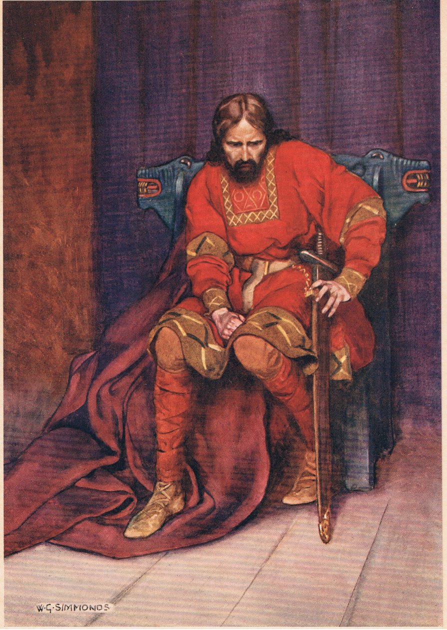 Kuningas puhuu Hamletin tappamisesta, William Shakespearen Hamletista, Hodder und Stoughtonin vuonna 1915 julkaisemasta painoksesta. tekijältä W. G. Simmonds