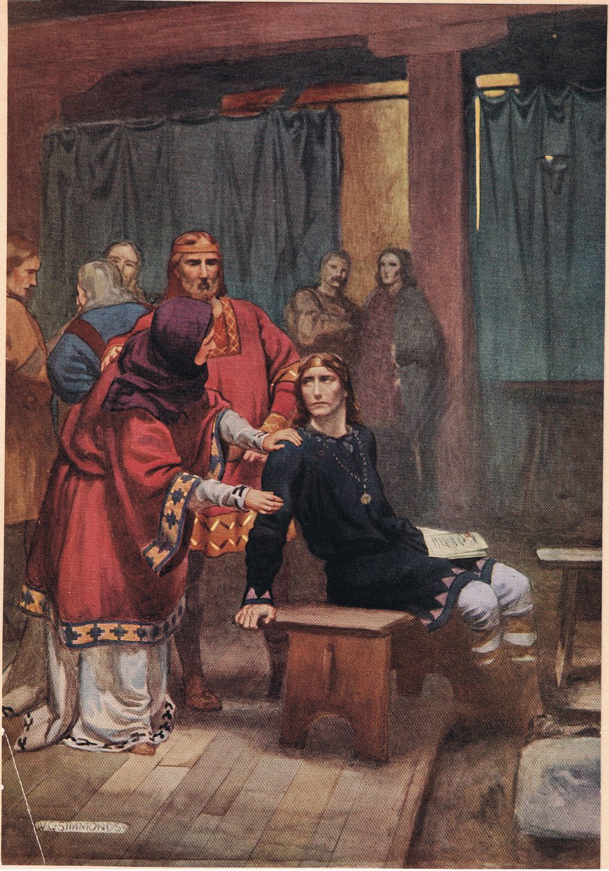 Kuningatar yrittää lohduttaa Hamletia, William Shakespearen teoksesta "Hamlet", Hodder und Stoughtonin vuonna 1915 julkaisema painos. tekijältä W. G. Simmonds