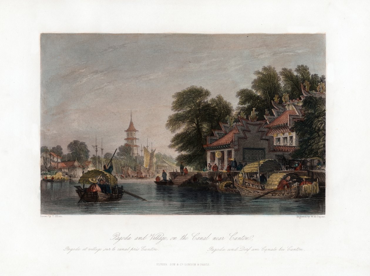 Pagodi ja kylä kanavalla lähellä Kantonia, Kiina, n. 1840. tekijältä W. H. Capone