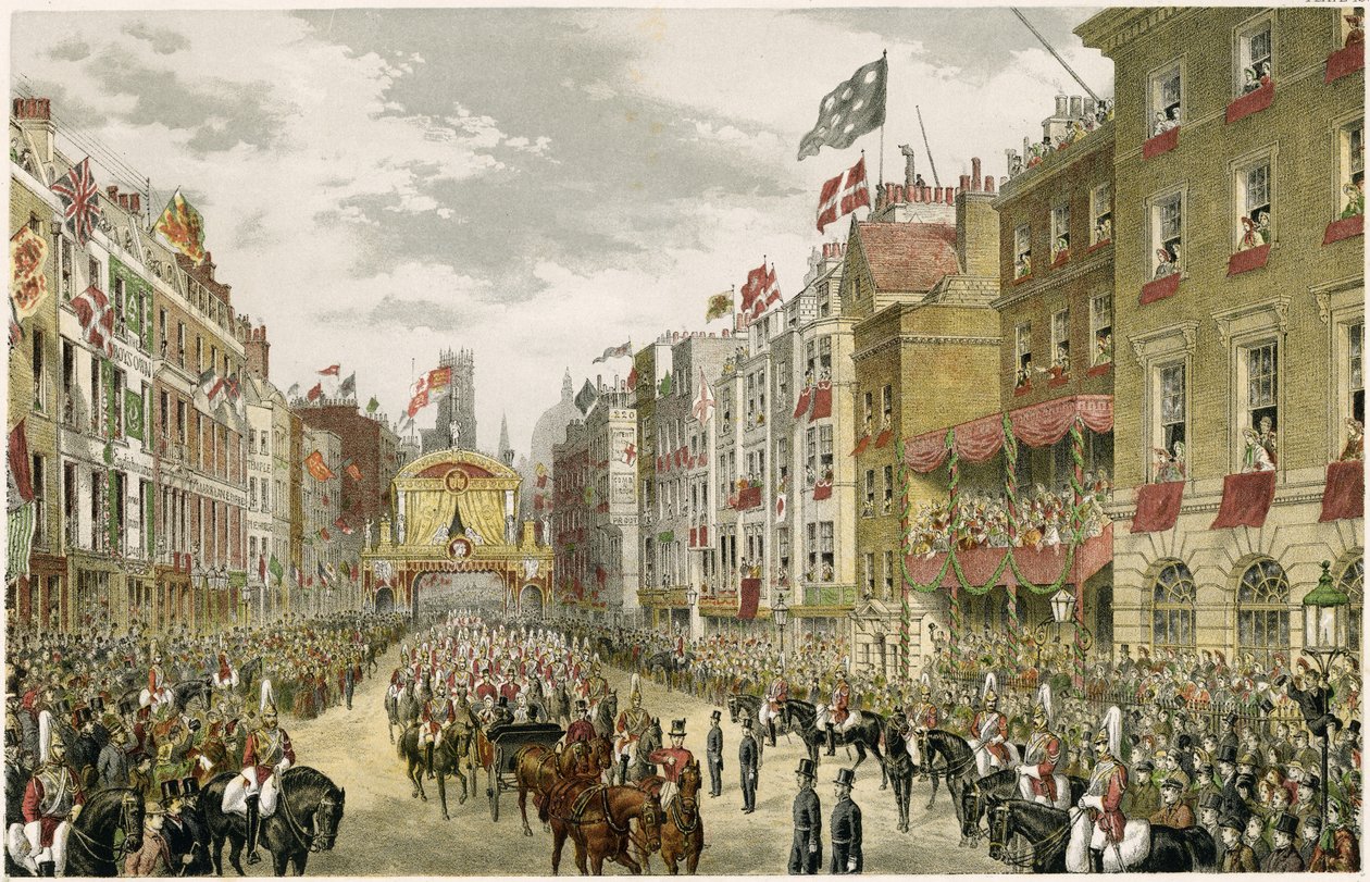 Procissão no Strand, Temple Bar, Strand, Londres, Reino Unido (gravura a cores) finlandês tekijältä W. H. Russell