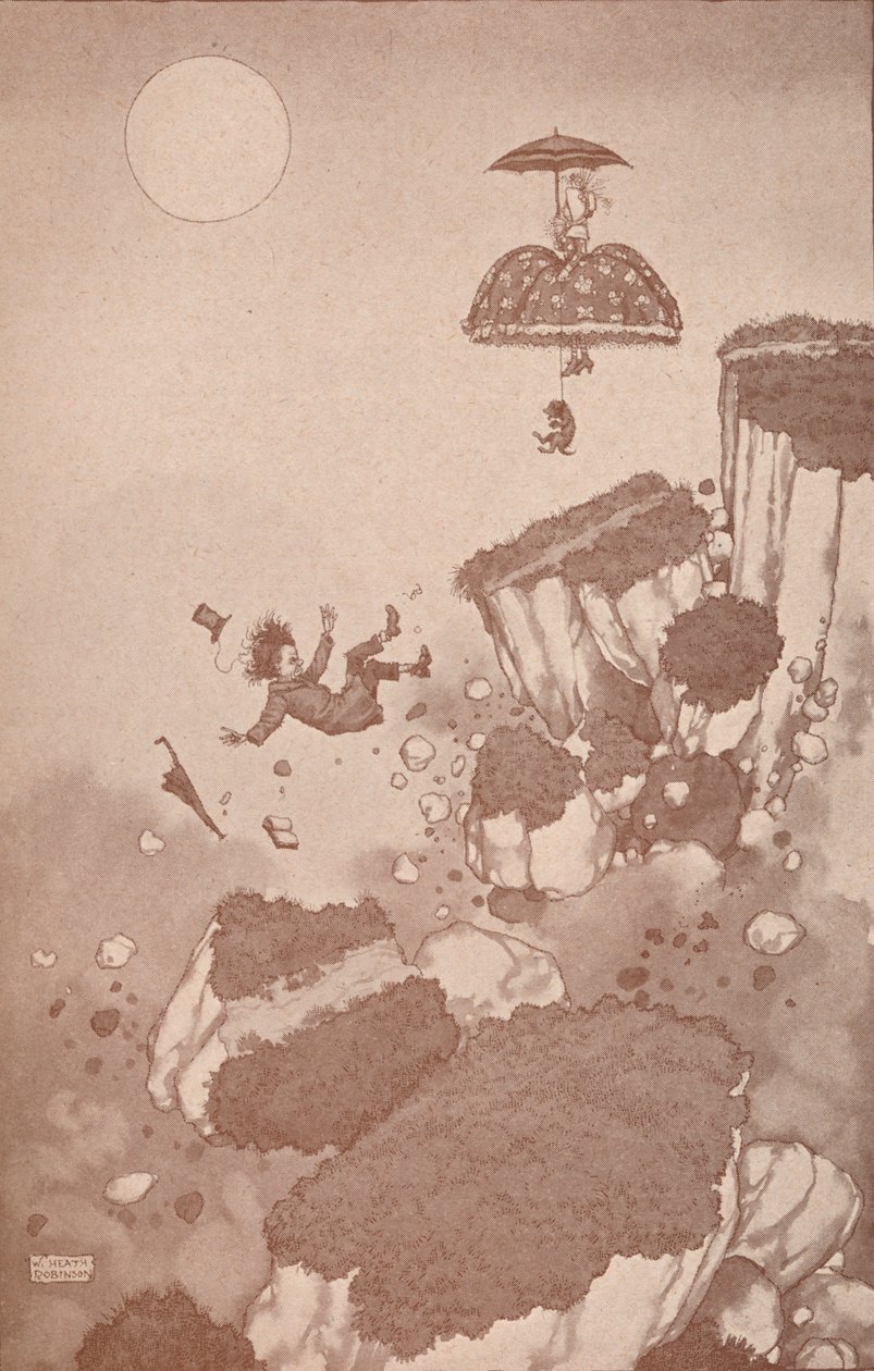 Kuinka lentokoneen keksijä sai ensimmäisen idean maanvyöryn aikana, c1918 1919 tekijältä William Heath Robinson