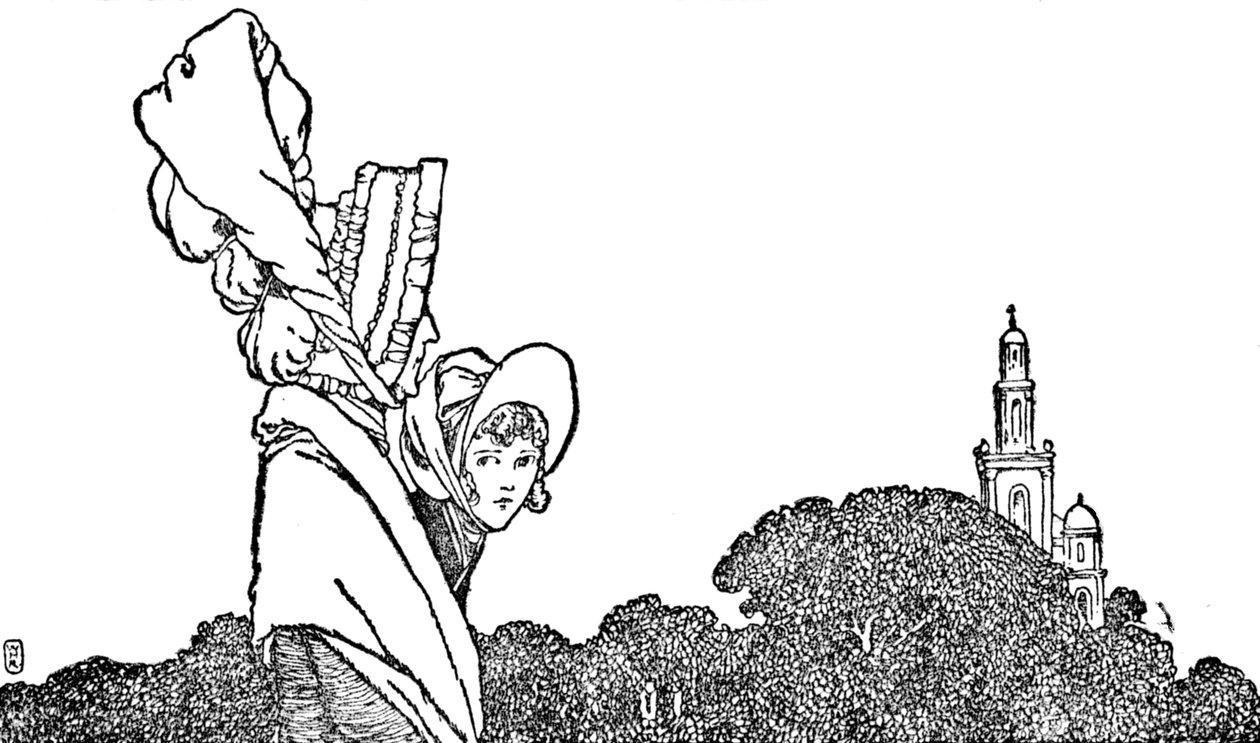 Karen ja vanha rouva kävelivät kirkkoon, vuodelta 1930 tekijältä William Heath Robinson