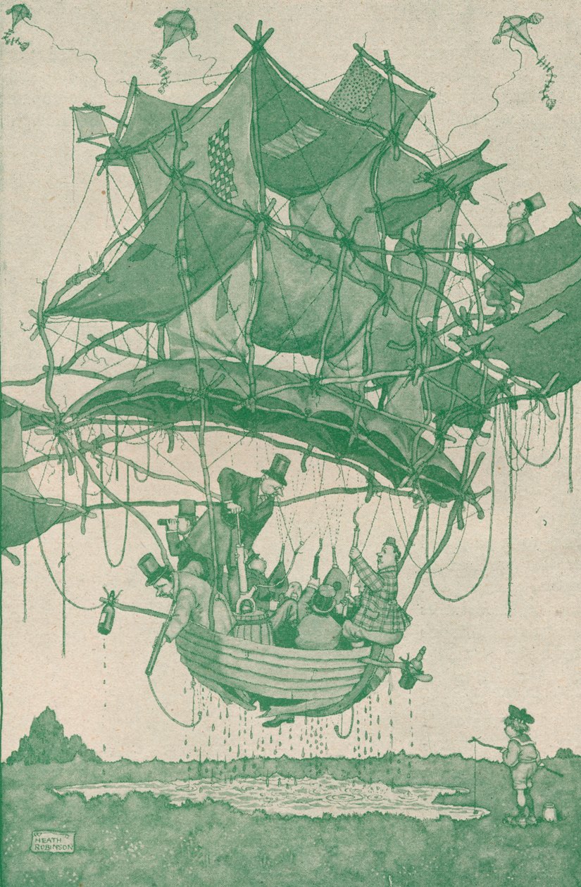 Melko varhainen vesikonetyyppi, joka teki koelentoa Hampstead Pondsista, vuodelta 1918 1919 tekijältä William Heath Robinson