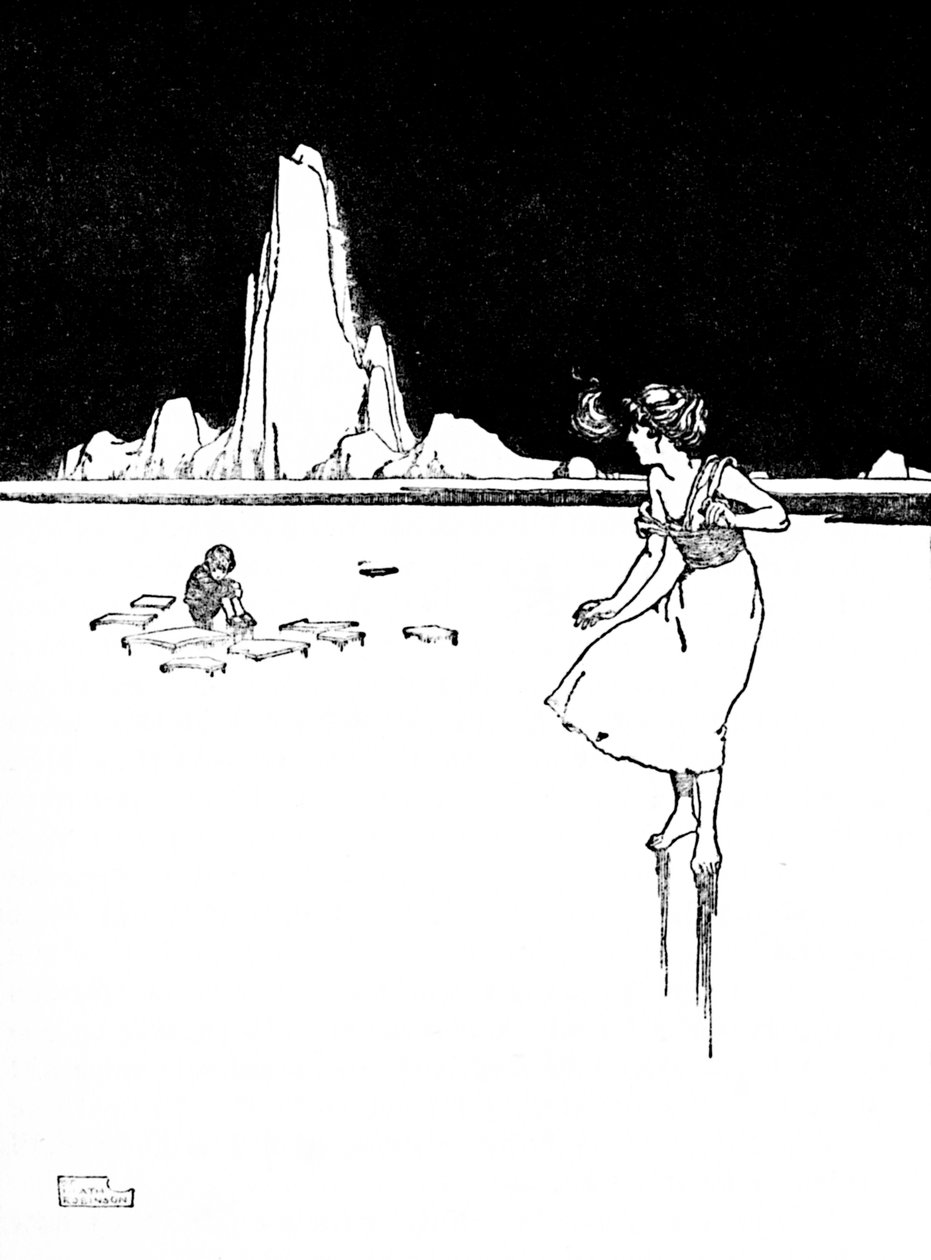 Hän astui suureen, kylmään, tyhjään saliin, vuonna 1930 tekijältä William Heath Robinson