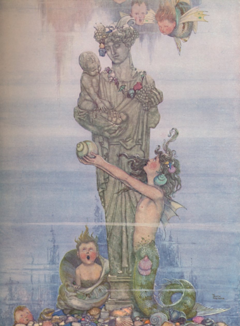 Hän laittoi patsaan takaisin puutarhaansa, vuodelta 1930 tekijältä William Heath Robinson