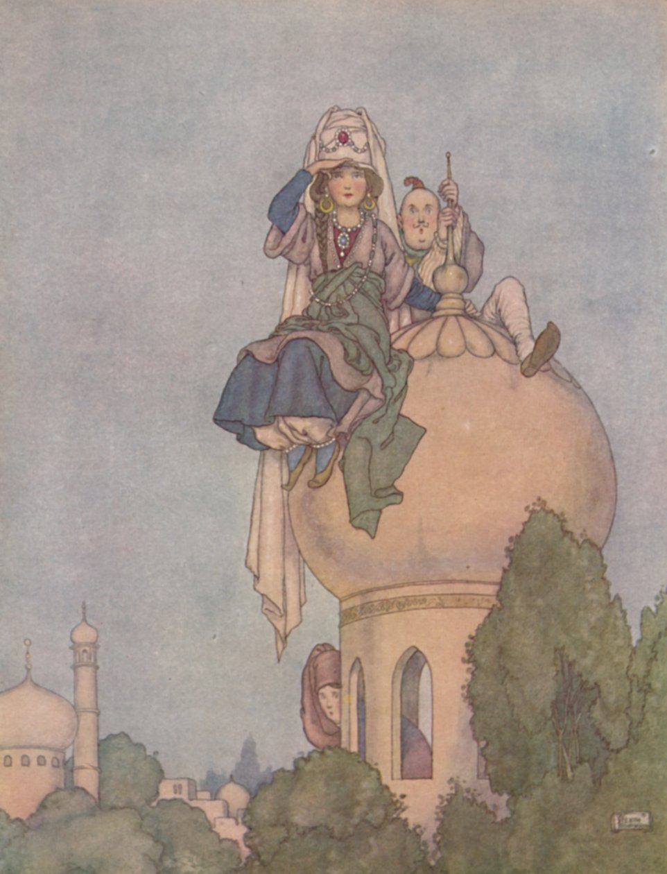Hän istui elävän päivän palatsinsa katolla, odotti häntä, vuodelta 1930 tekijältä William Heath Robinson