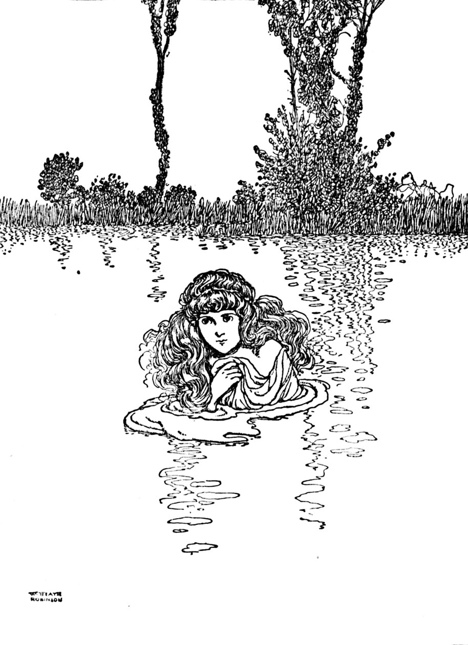 Joten Elise riisui vaatteensa ja astui veteen, vuodelta 1930 tekijältä William Heath Robinson