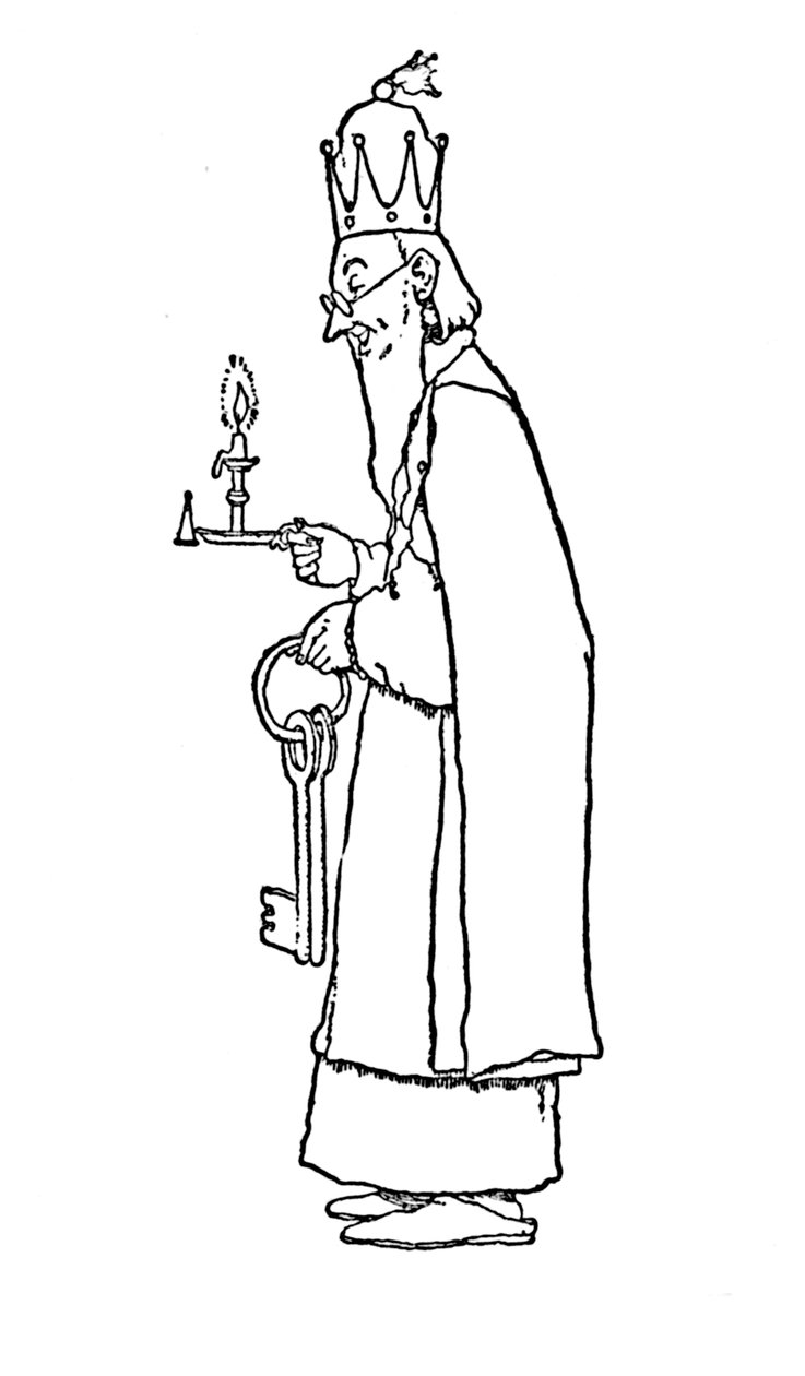 Vanha kuningas itse lähti avaamaan sitä, vuodelta 1930 tekijältä William Heath Robinson