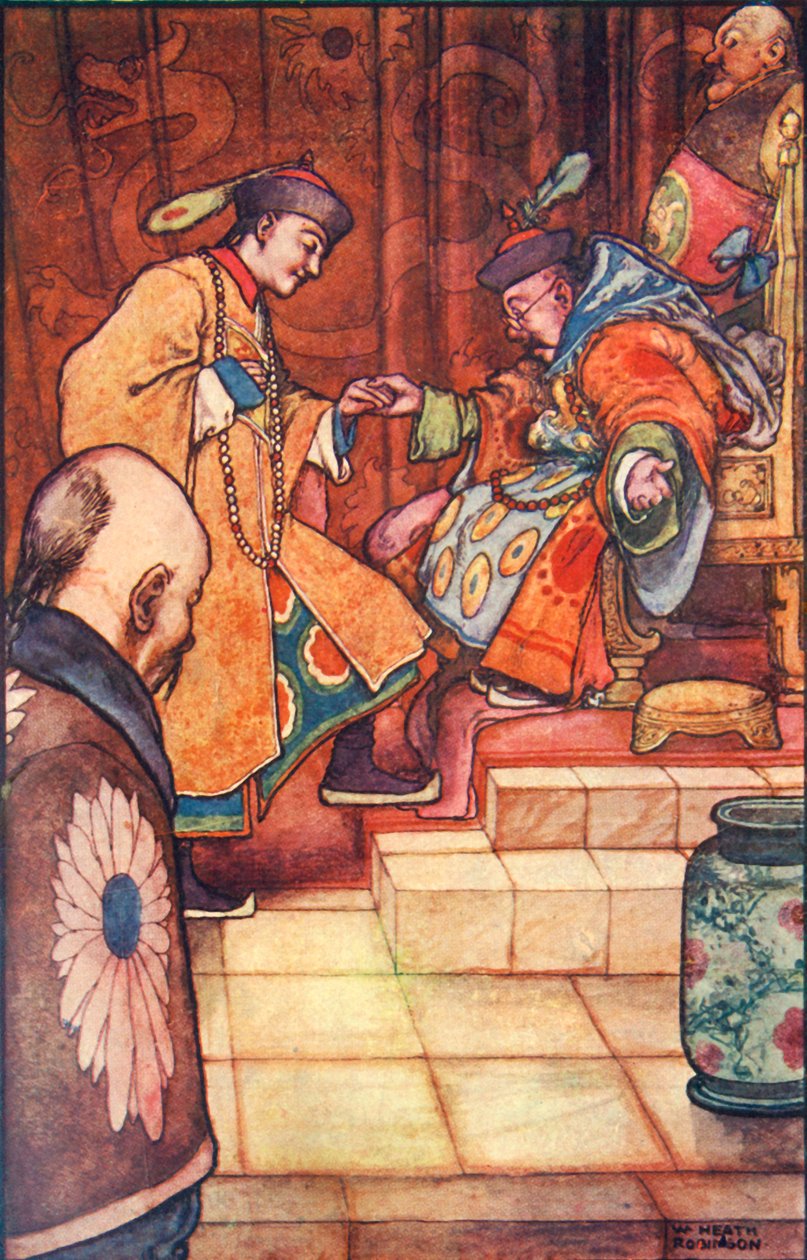 Kun nuori mies oli kaatunut hänen jalkojensa juureen, sulttaani piti häntä kädestä, v.1930. tekijältä William Heath Robinson