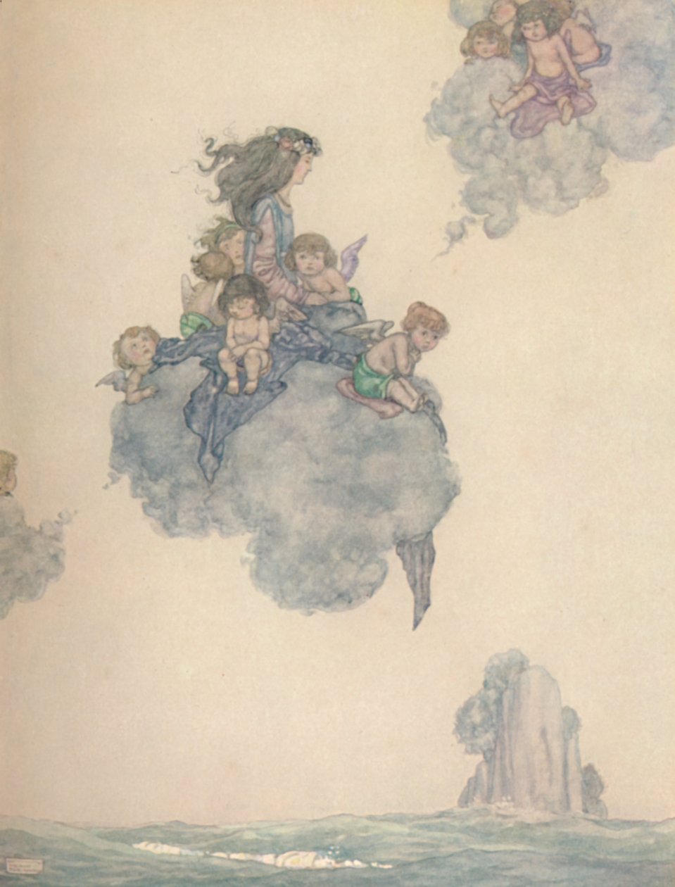 Ilman muiden lastensa kanssa, nousi korkealle ruusupilven yläpuolelle, c1930 tekijältä William Heath Robinson