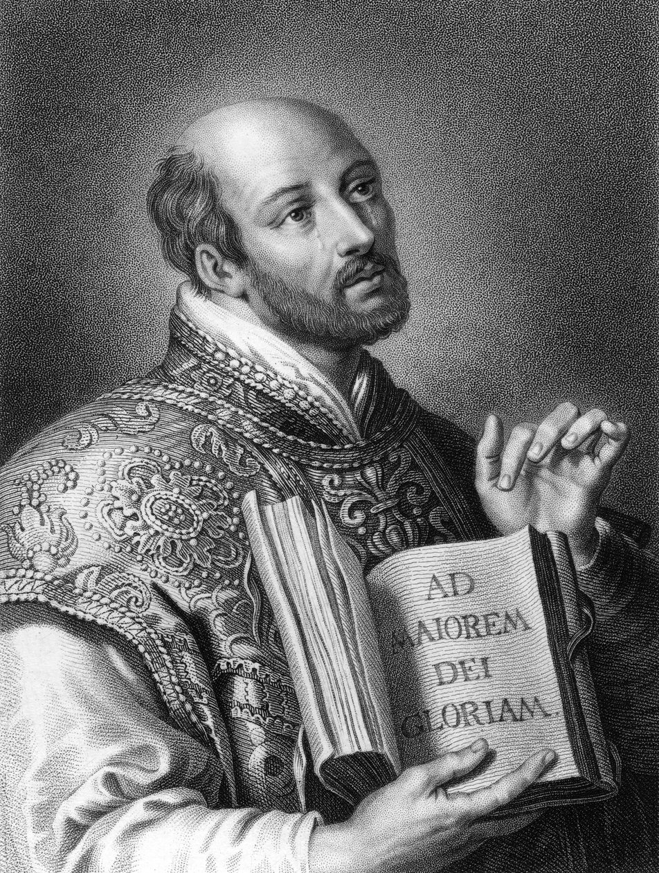 Pyhä Ignatius Loyolalainen, 1500-luvun espanjalainen sotilas ja jesuiittojen perustaja, 1836. tekijältä W. Holl
