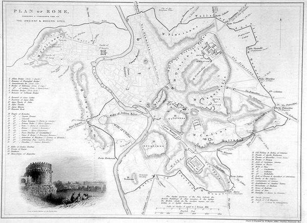 Rooma, Italia: Muinaisten ja nykyaikaisten kohteiden vertaileva kartta, n. 1850 (kaiverrus) tekijältä W Hughes