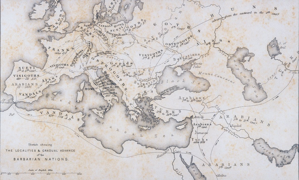 Barbaarikansojen paikkakunnat ja asteittainen eteneminen, n. 1850 tekijältä W Hughes