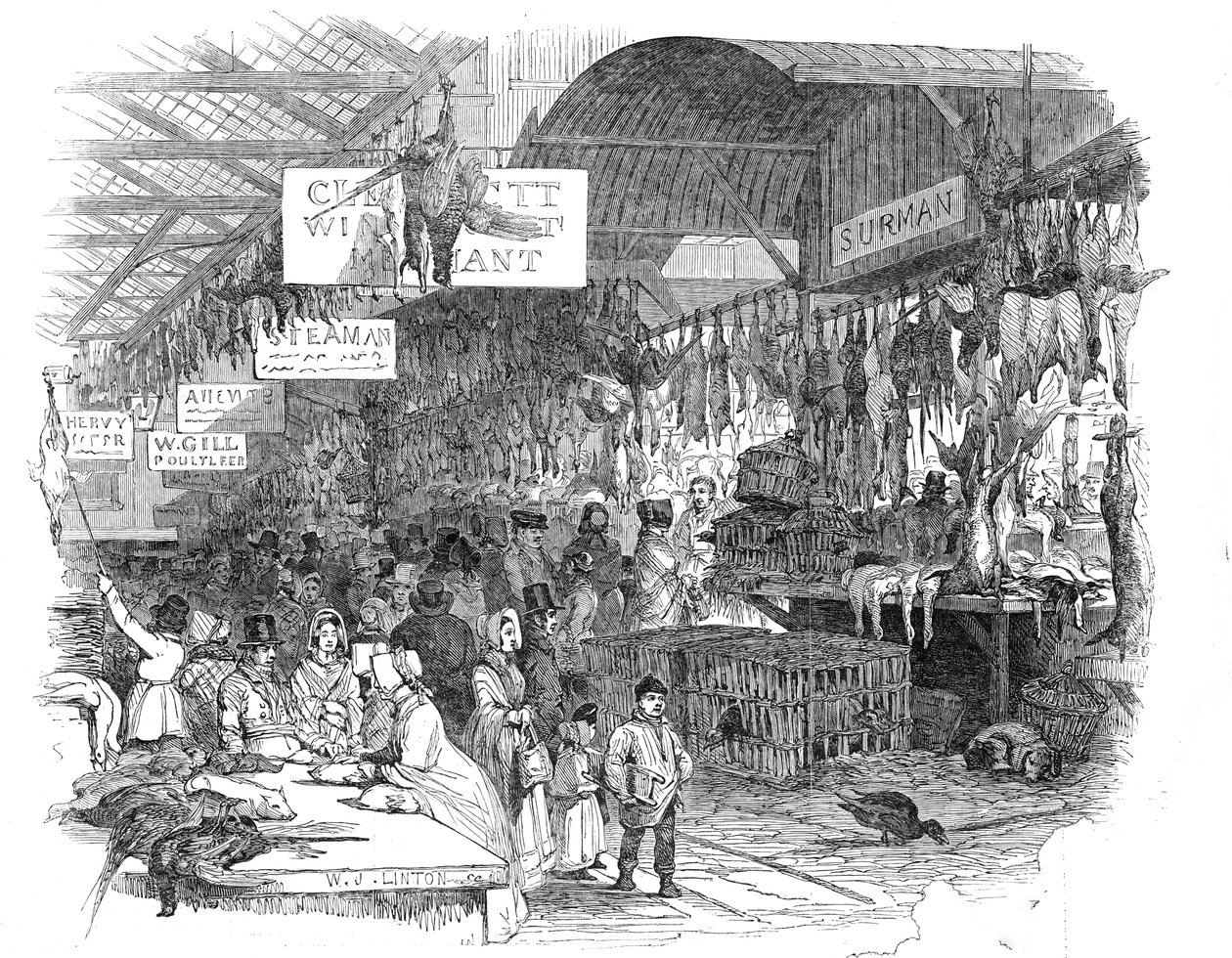 Leadenhall Market, jouluaattona 1845. tekijältä W. J. Linton