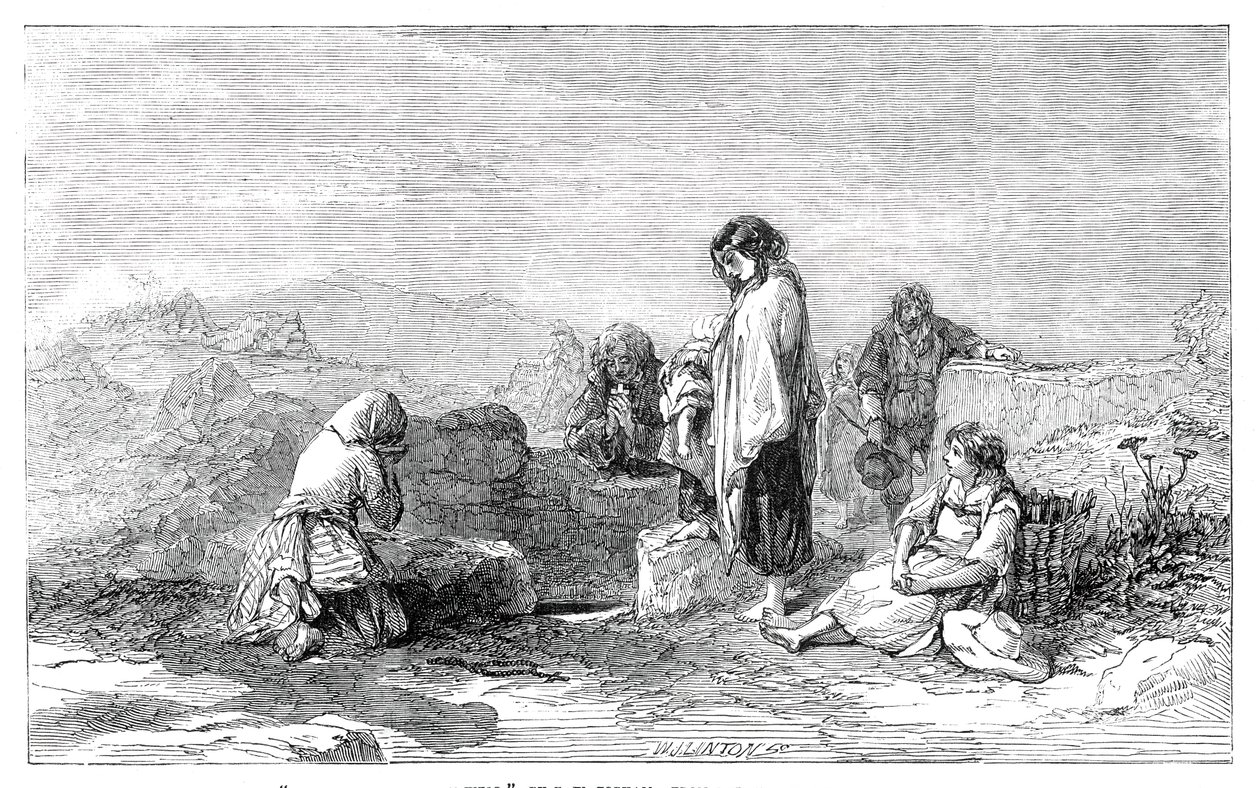 Pyhiinvaeltajat Pyhälle Kaivolle - kirjoittanut F.W. Topham - uudesta akvarellinäyttelystä, 1845. tekijältä W. J. Linton