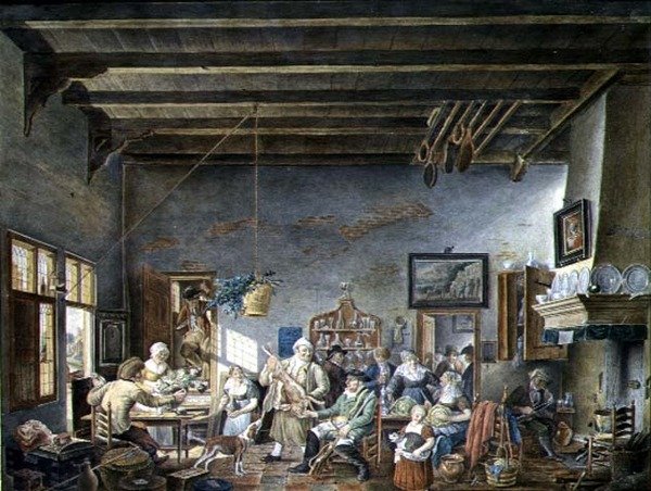Hollantilaisen tavernan sisustus (Johannes Petrus van Horstockin maalauksen mukaan) (1745-1825) 1824 (akvarelli paperille) tekijältä W. Jansens