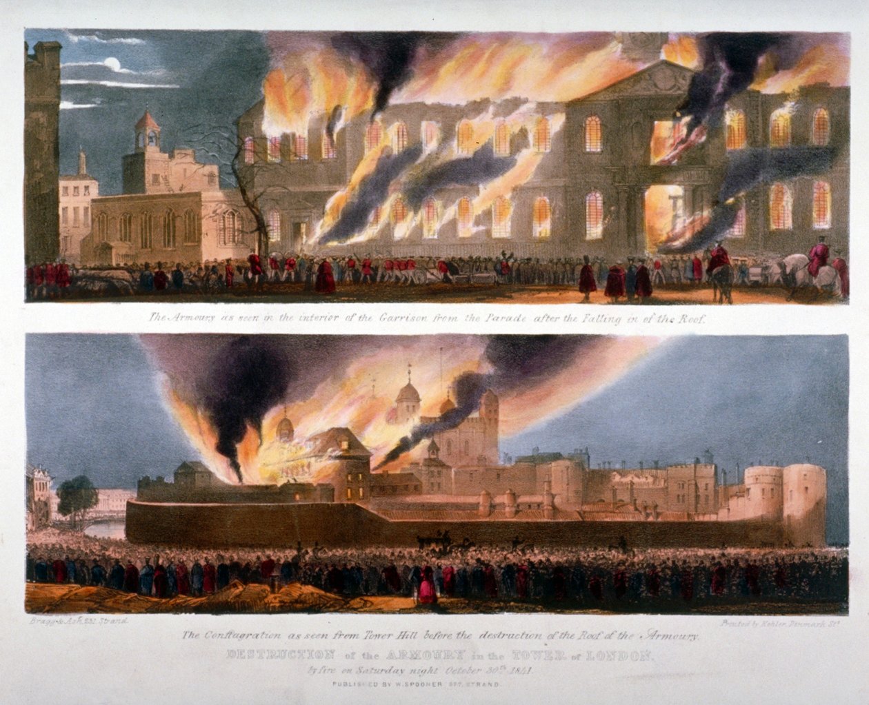 Kaksi näkymää Lontoon Towerissa sijaitsevan armeijan tuhoutumisesta tulipalossa, 30. lokakuuta 1841 tekijältä W Kohler and Co