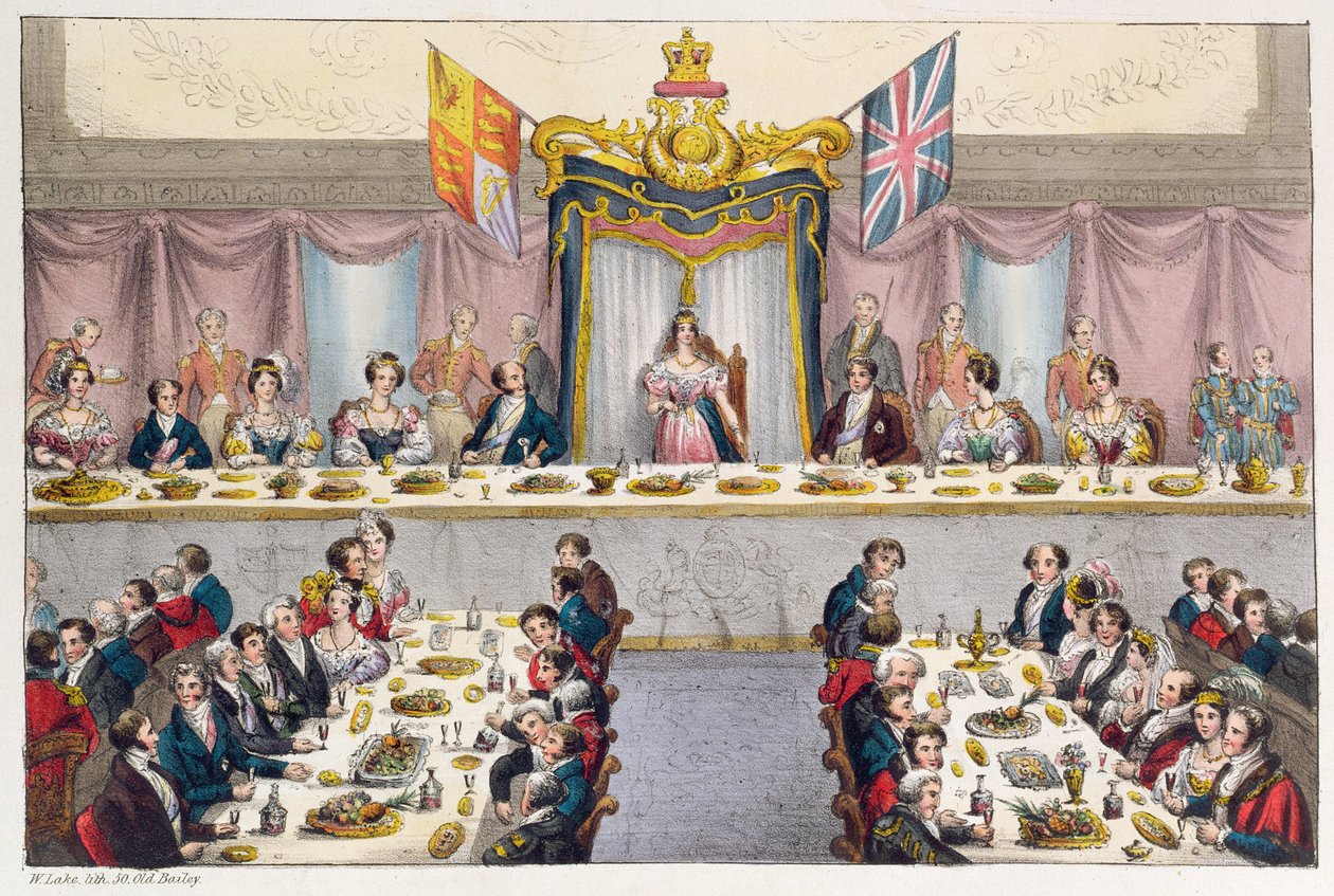 Kuningatar Victoria (1819-1901) juomassa Lontoon kansalaisten terveyttä Guildhall-juhlissa, 1837 tekijältä W. Lake