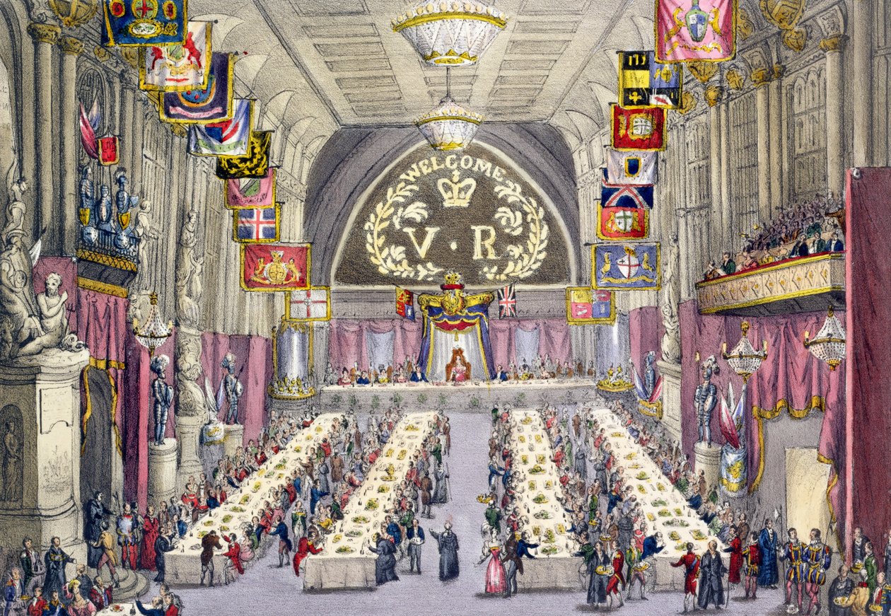 Tavallinen huutaja julisti terveyden maljan kuningatar Victorialle kiltasalissa pidetyssä juhlassa 1837 tekijältä W. Lake
