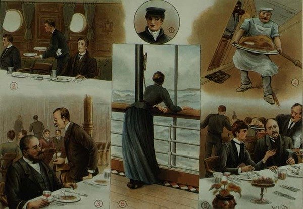 Down Channel, merisairauden vaikutukset joihinkin matkustajiin, "P & O Pencillings", n. 1890 (litho) tekijältä W. Lloyd