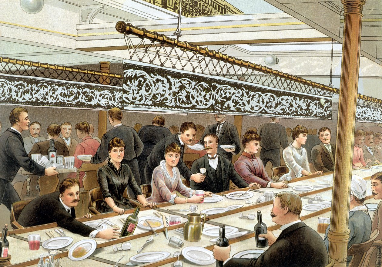 Lahdessa, päivällisen aikaan - Länsi-meri, P und O Pencillings -teoksesta, n.1890. tekijältä W. Lloyd