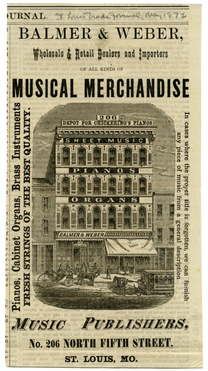 Balmer ja Weber Musiikkituotteiden tukku- ja vähittäiskauppiaat ja maahantuojat, 206 North Fourth Street. tekijältä W. Mackwitz