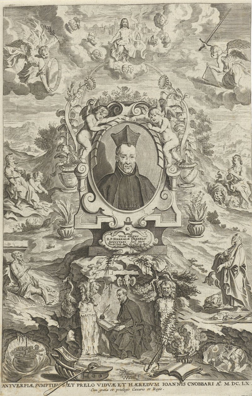 Jeremias Drexelin muotokuva Otsikko sivulle: JE. Drexel, De sonne-bloeme oft Vande over-a-cominge van den menscheliicken wille met de[n] godtliicke[n], 1660 tekijältä W Merel van