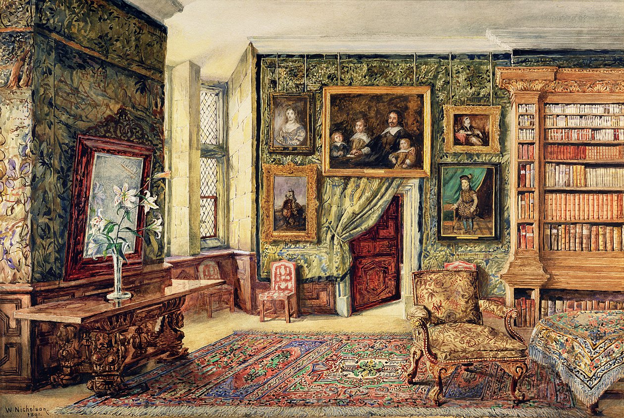 Kirjasto Hardwick Hallissa, Derbyshire, 1891 (wc) tekijältä W. Nicholson