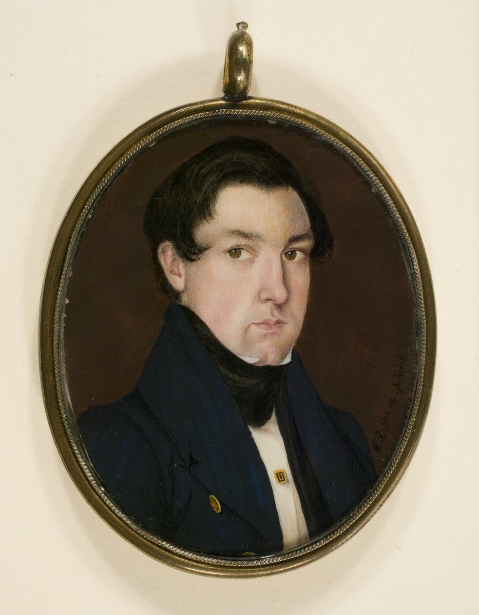 Pienoismuotokuva Ebenezer Whitesta, n. 1837 (akvarelli norsunluulle, nahalle, kupariseokselle ja lasille) tekijältä W. R. Herve