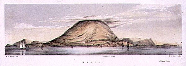 Näkymä Charlestownista Nevis-saarella, Länsi-Intiassa, kaiverrus Henry C. Trery (fl.1849-54), n.1849 (värillinen litho) tekijältä W. S. (after) Andrews
