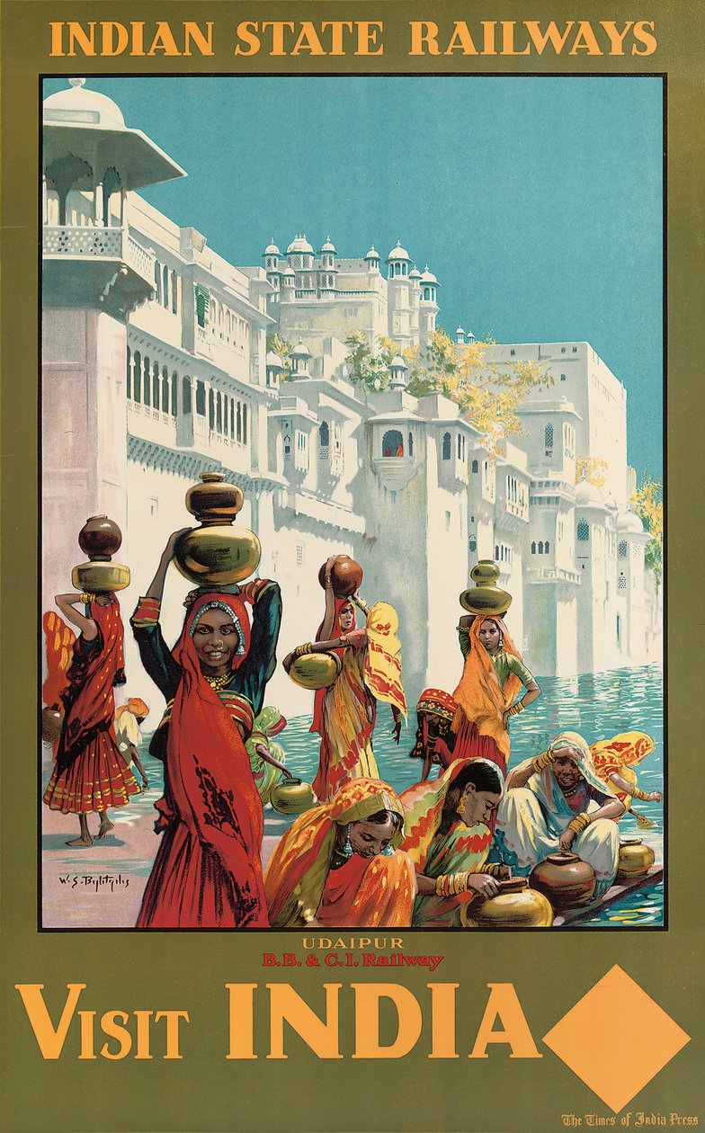 Vieraile Intiassa, Udaipurissa, Indian State Railwaysin mainosjulisteessa (värilitografia) tekijältä W. S. Bylityllis