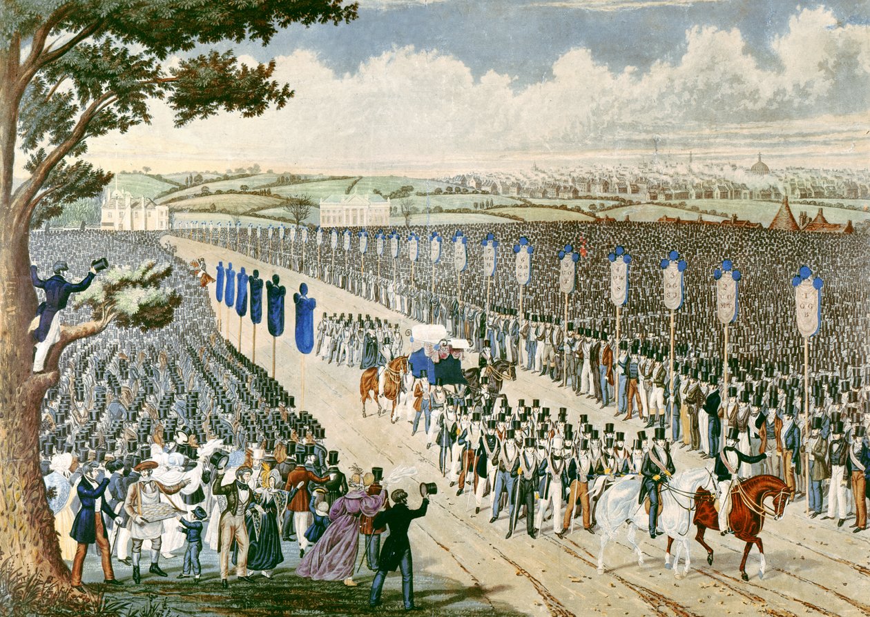 Ammattiyhdistysten kokous Copenhagen Fieldsissä, 1834 (värikaiverrus) tekijältä W. Summers