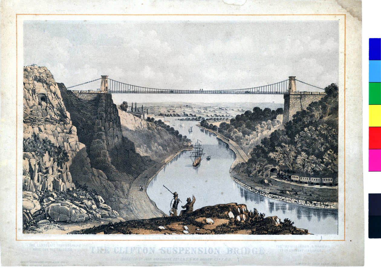 Clifton Suspension Bridge, noin 1864 (käsin värjätty litografia paperille). tekijältä W. T. Webb