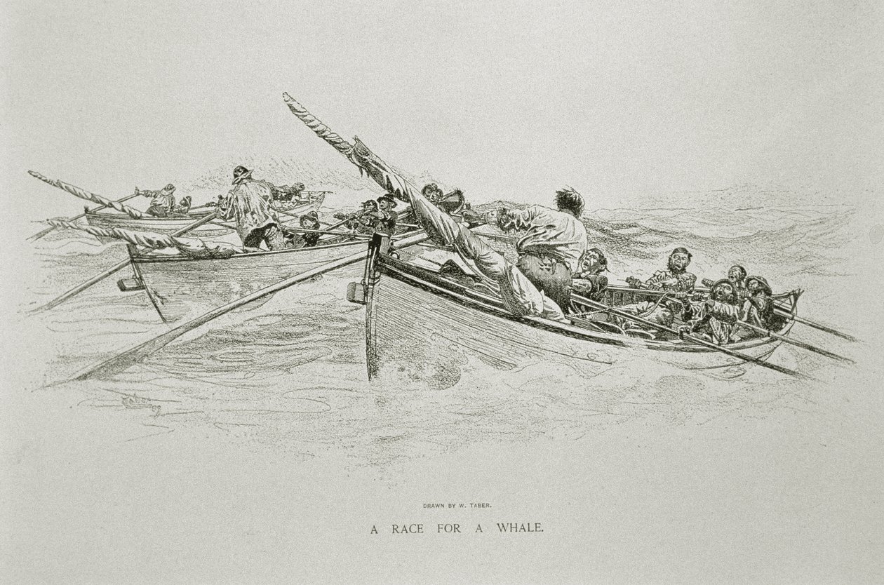 "A Race for a Whale", "The Perils and Romance of Whaling" -julkaisussa Century Magazine, kesäkuu 1890 (litho) tekijältä W. Taber