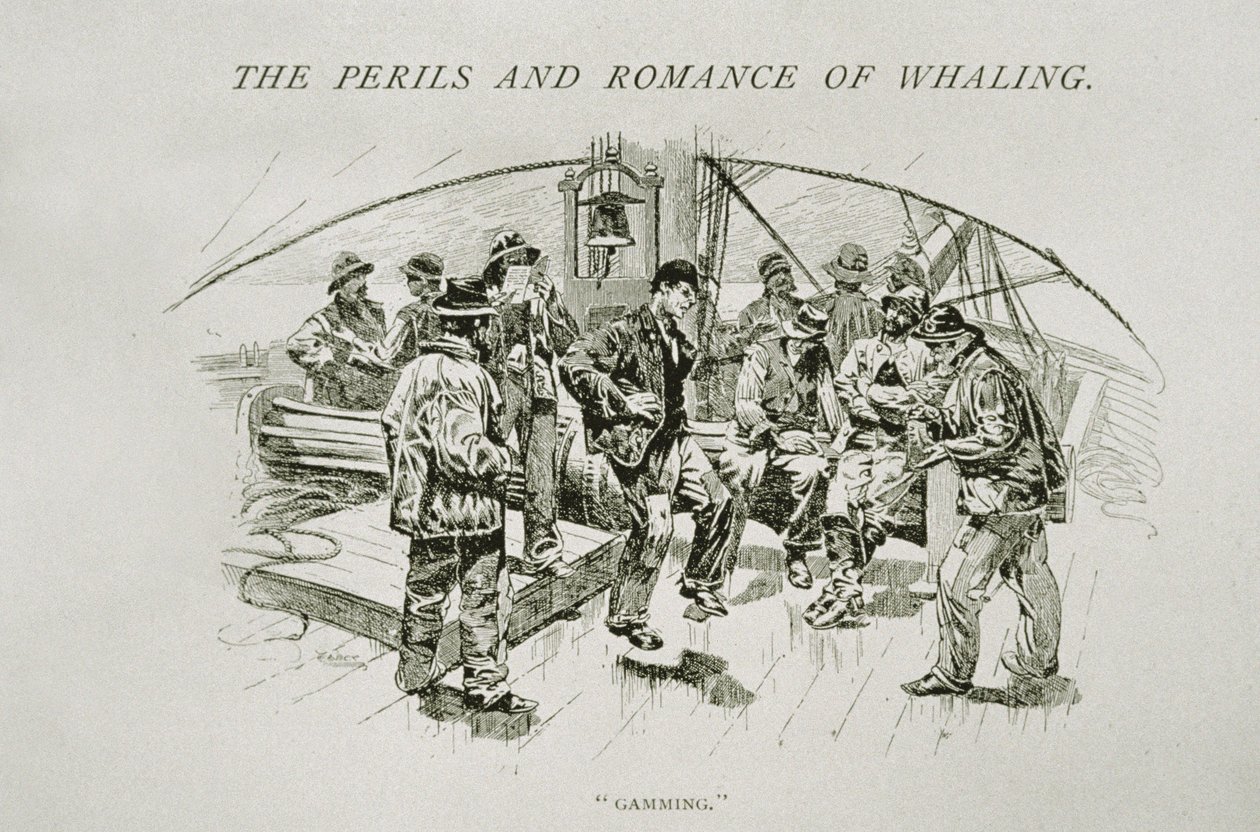 "Gaming" (valaanpyytäjät rentoutumassa ja tanssimassa kannella), "The Perils and Romance of Whaling" -julkaisussa Century Magazine, elokuu 1890 (kaiverrus) tekijältä W. Taber