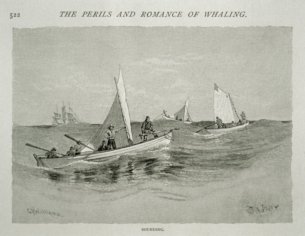 "Sounding" (pienet venemiehistöt käsiharppuunoilla valmistautuvat metsästykseen), "The Perils and Romance of Whaling" -julkaisussa Century Magazine, kesäkuu 1890 (kaiverrus) tekijältä W. Taber