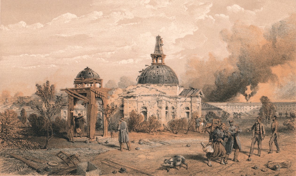 "Kirkko Redanin takaosassa, katsoen pohjoiseen - näyttää laukauksen ja kuoren vaikutukset", 1856 tekijältä W Trask