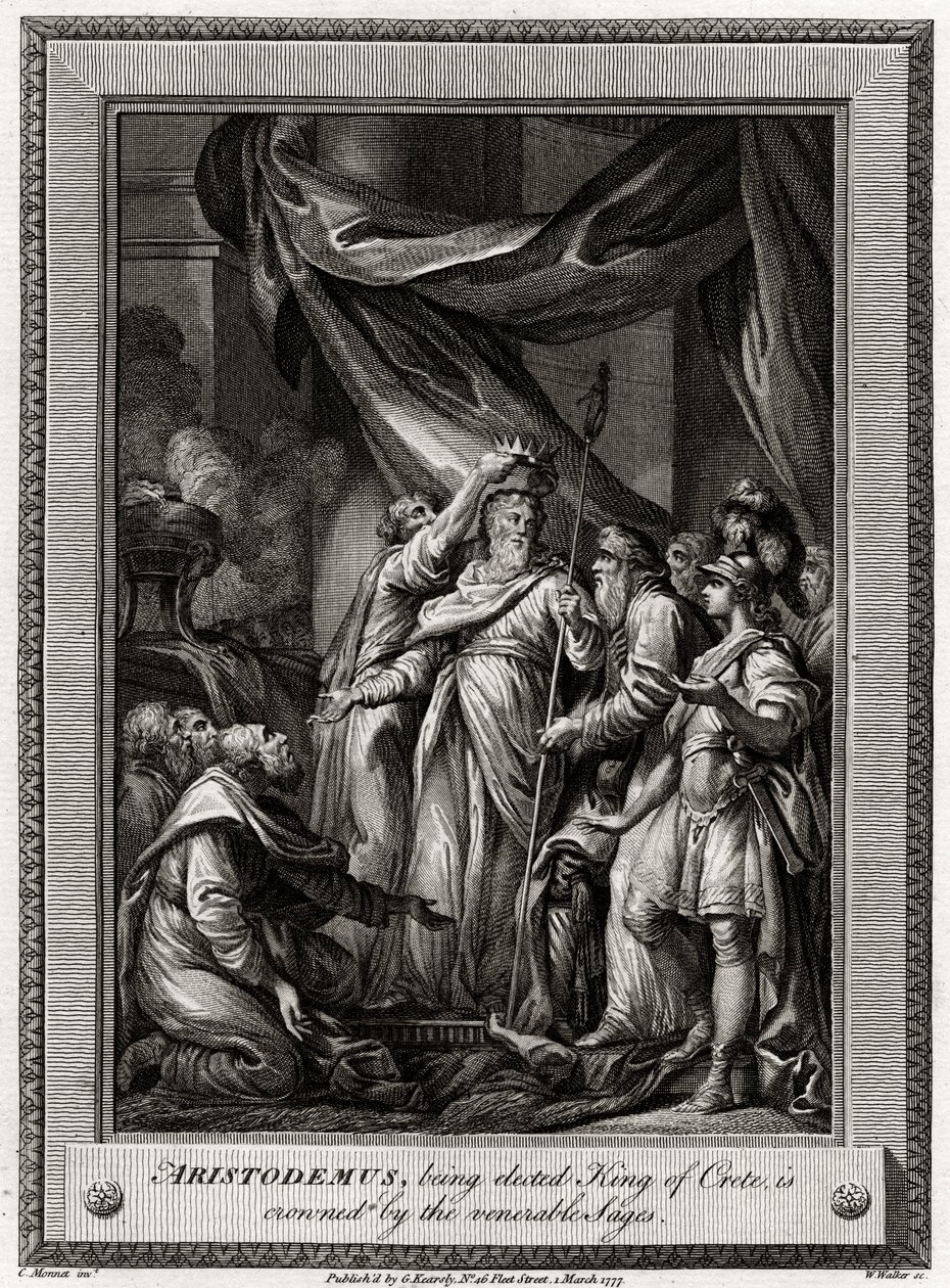 Aristodemus, joka valittiin Kreetan kuninkaaksi, kruunataan kunnianarvoisten viisaiden toimesta, 1777 tekijältä W. Walker
