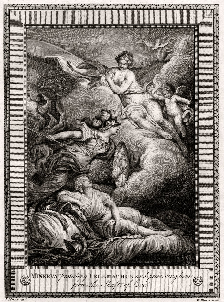 Minerva suojelee Telemachusta ja suojelee häntä rakkauden kuiluilta, 1775. tekijältä W. Walker