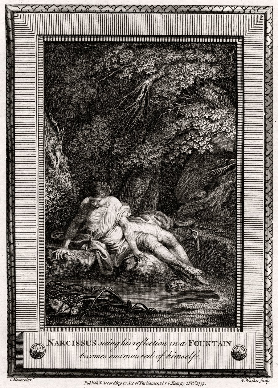 Narcissus, joka näkee heijastuksensa suihkulähteessä, ihastuu itsestään, 1775 tekijältä W. Walker