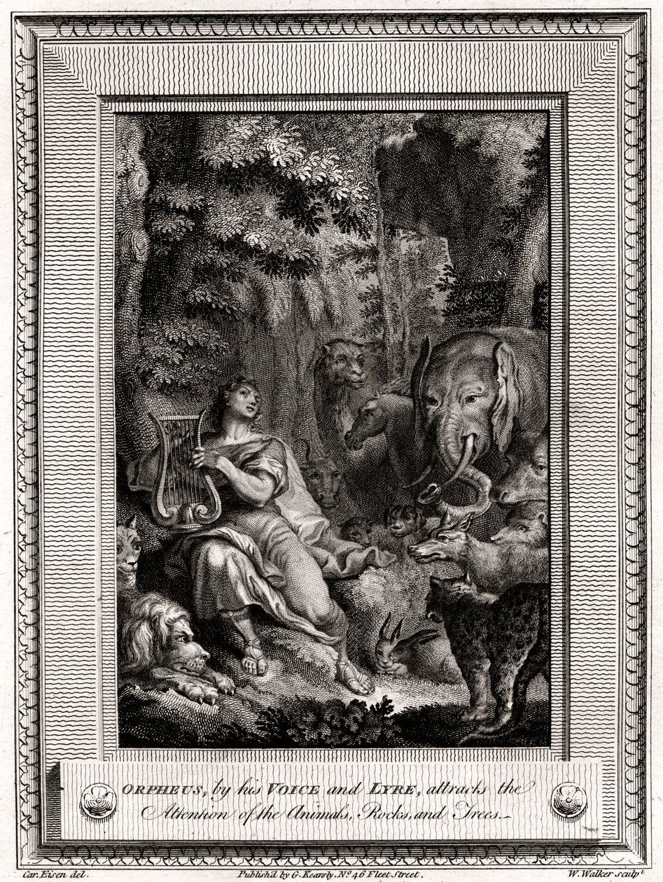 Orpheus herättää äänellään ja lyyrallaan Eläimet, kivet ja puut, 1774. tekijältä W. Walker