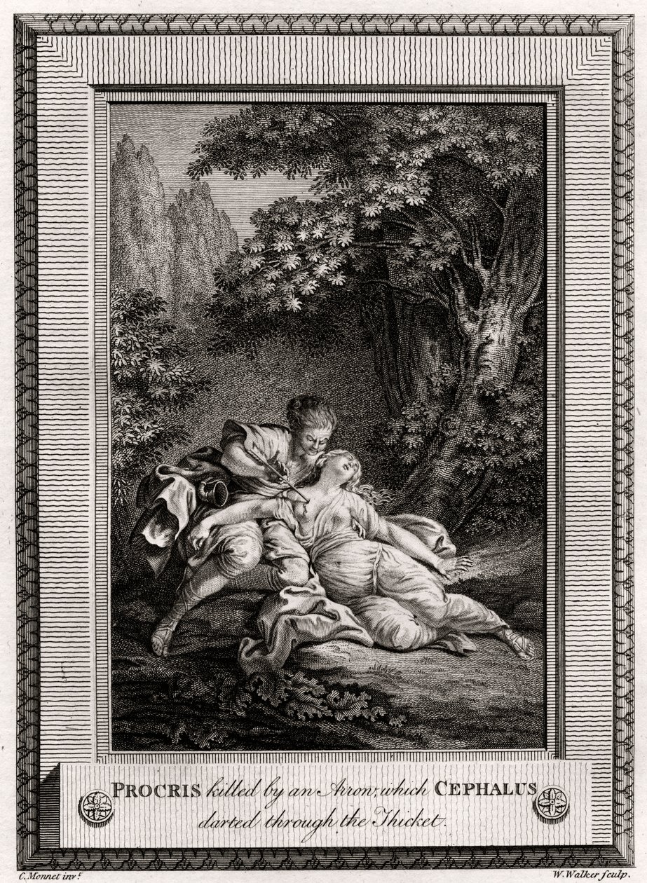Prokris Tapoi nuolen, jonka Cephalus syöksyi metsän läpi, 1775 tekijältä W. Walker